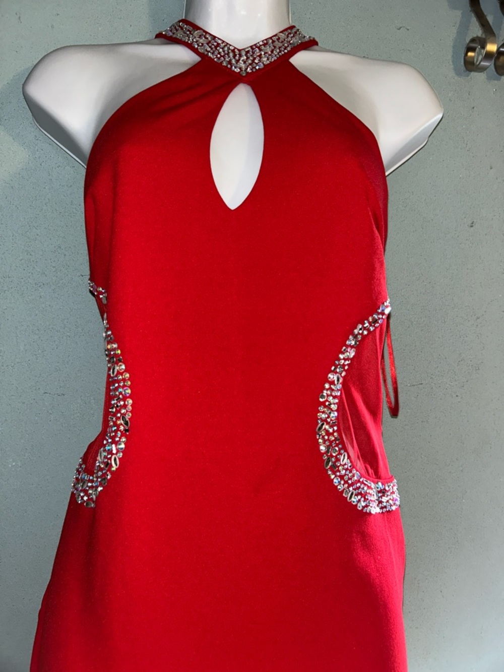 Fashion Nova Red One-Shoulder Rhinestone Keyhole Dress